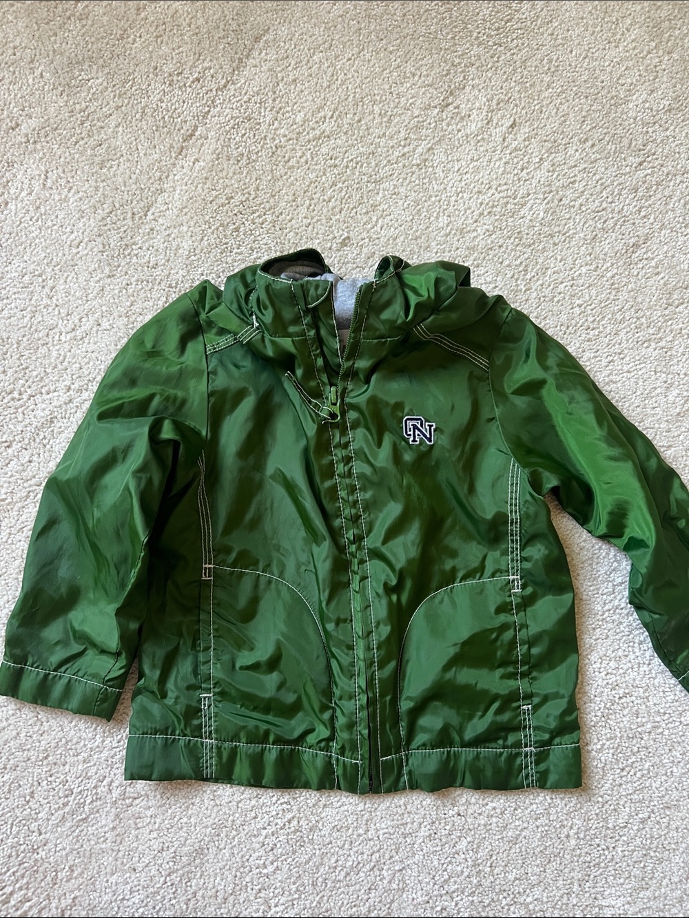 Kids Green Hooded Rain Jacket with Contrast Stitching